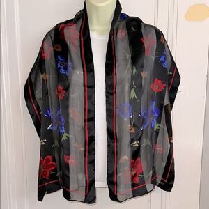 Vintage Bill Blass Semi Sheer Black Silk Long Scarf with Floral Pattern